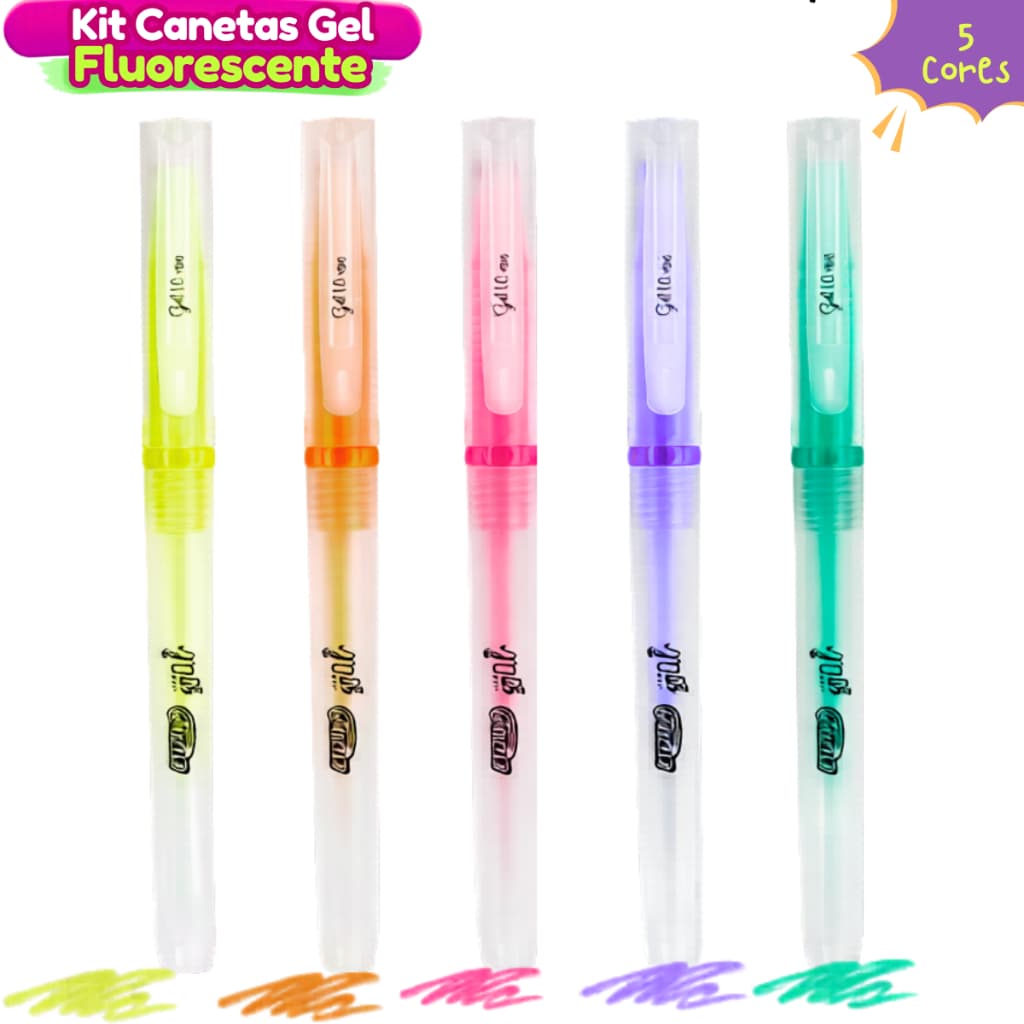 Caneta Colorida Neon  Fluorescente  Gel BRW -  5 Cores