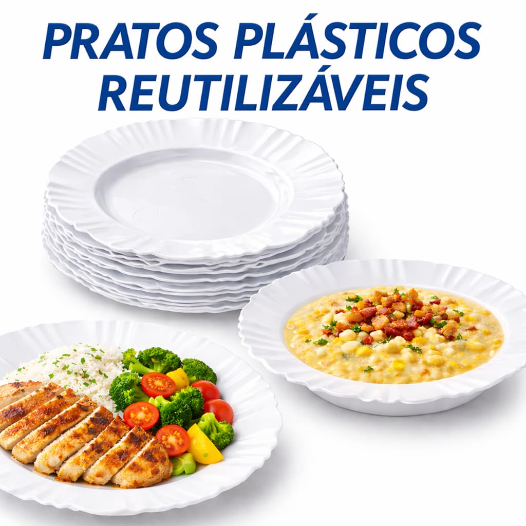 Kit 10 Pratos Plástico Redondo Fundo Com Borda para Refeição Churrasco Festa Jantar Aniversário