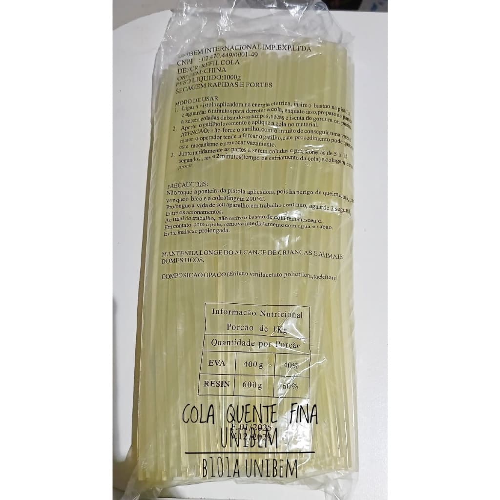 COLA QUENTE UNIBEM 1ª LINHA  EXTRA FORTE  BASTÃO FINO B101A - PCT 1KG