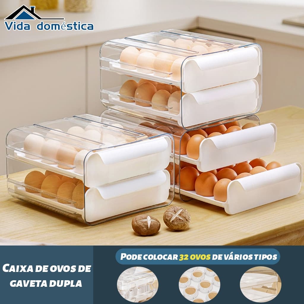 Gaveteiro duplo em plástico tipo porta 32 ovos com para cozinha geladeira