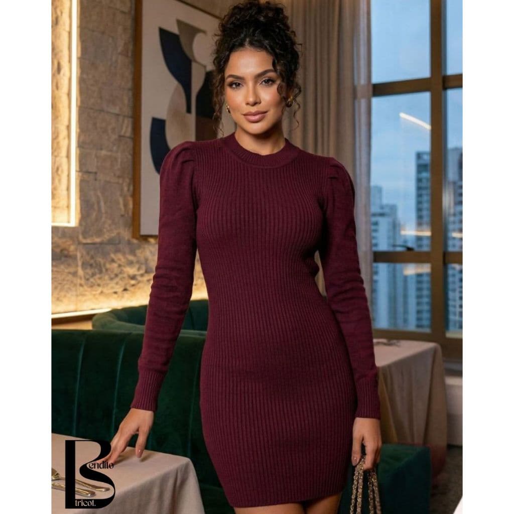 Vestido Canelado Feminino Tricot Manga Longa Gola Redonda Detalhe no Ombro Tricô Moda Inverno