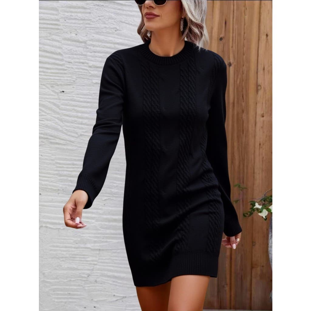 Vestido Chamise Tricot lã Feminina Grosso Lançamento Manga Longa Gola Redonda Inverno Outuno Estampada