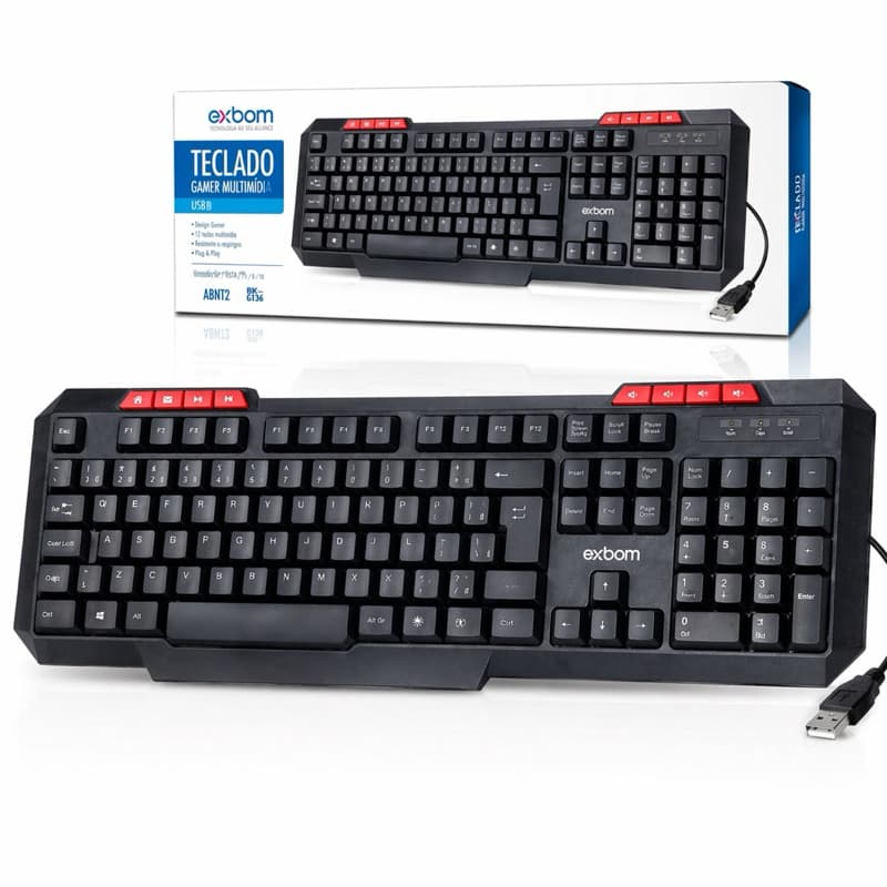 Teclado Gamer Exbom BK-G136 USB ABNT2 Multimídia Completo com Teclado Numérico Plug & Play Resistente