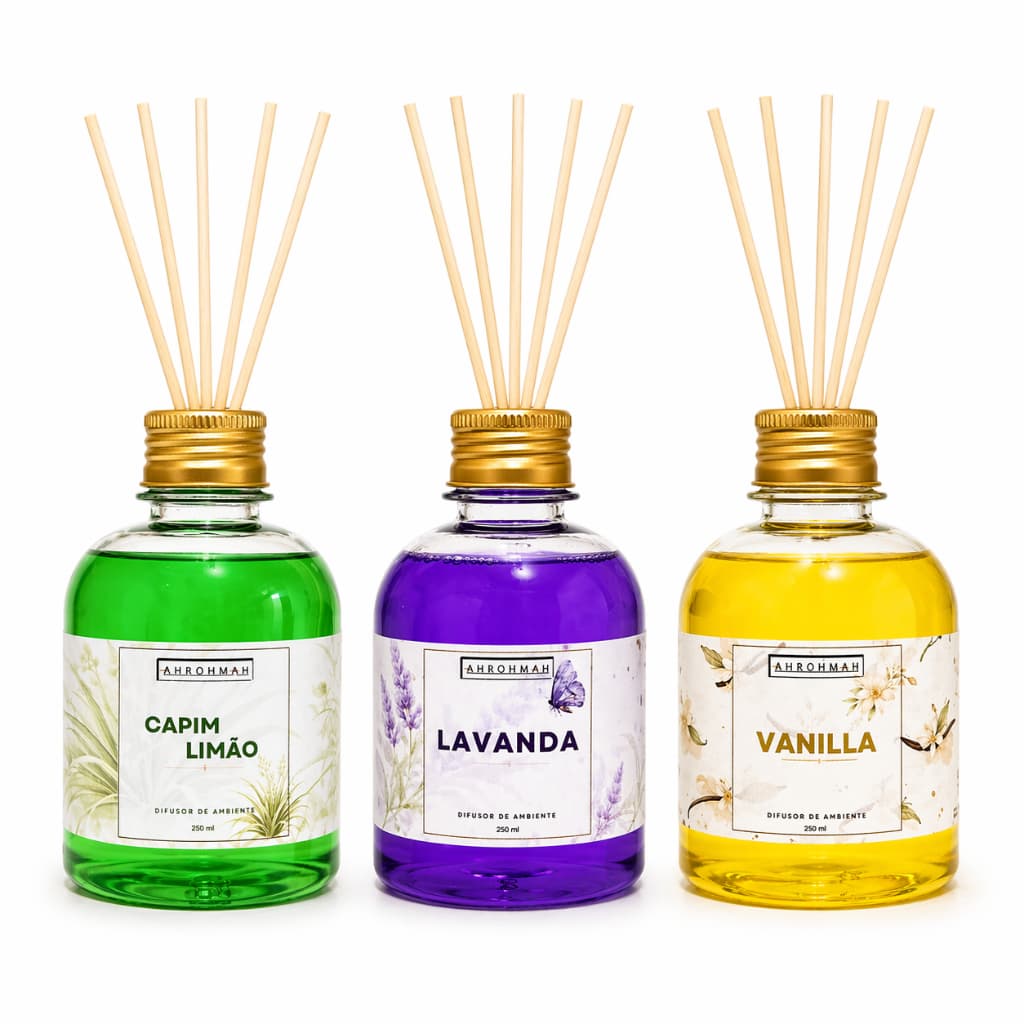 Difusor de Aromas Lavanda Vanilla Capim Limão 250ml 6 Varetas Aromatizador de Ambiente