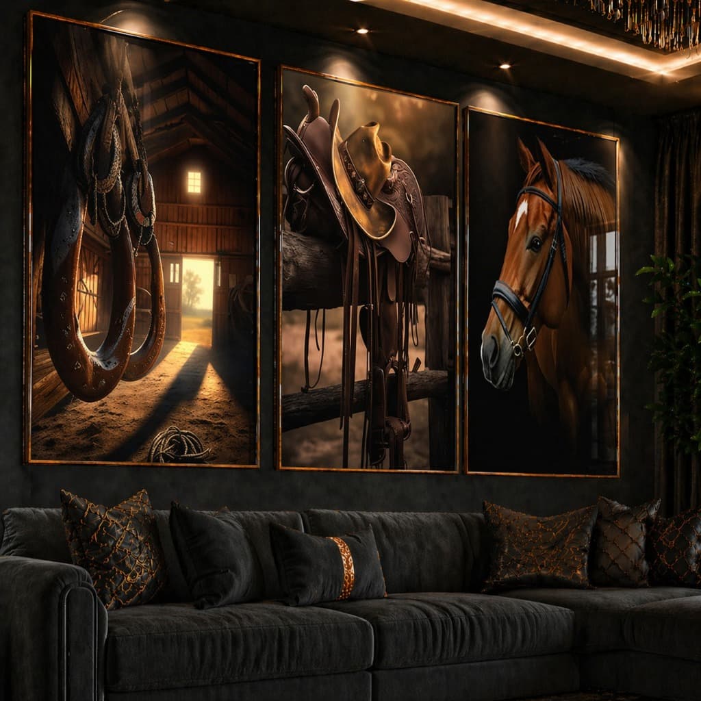 Kit 3 Quadros Decorativos Country Cavalo Marrom, Sela e Ferraduras | Estilo Rústico Cowboy