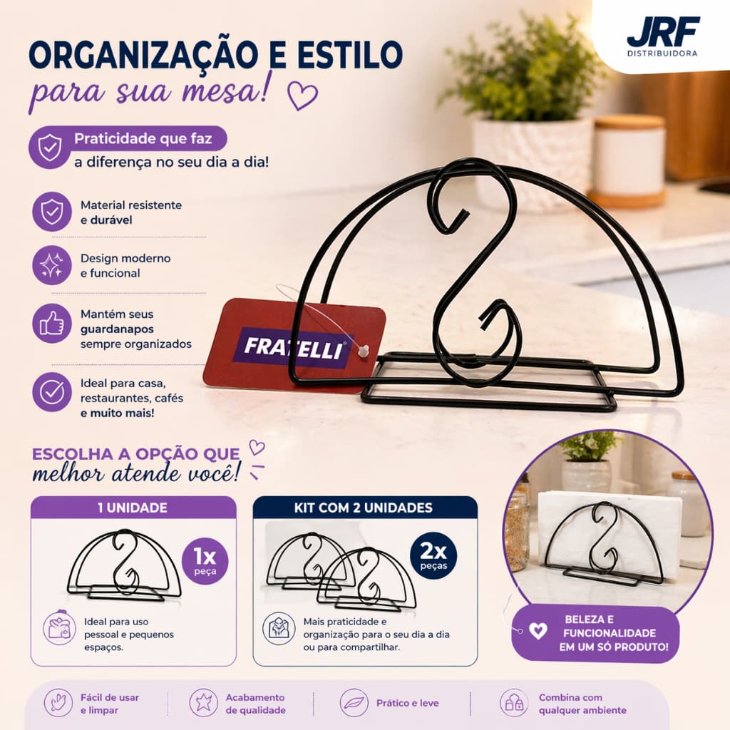Porta Guardanapo Preto Fratelli Pratic Metal Suporte Mesa Posta Cozinha Kit ou Unidade