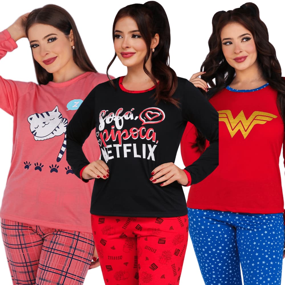 Pijama Feminino Longo Estampado Personagens Manga Longa Conjunto Inverno Confortável