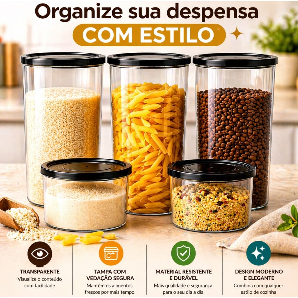 Jogo 5 porta mantimentos transparente redondo organizador alimentos BPA FREE com tampa hermético