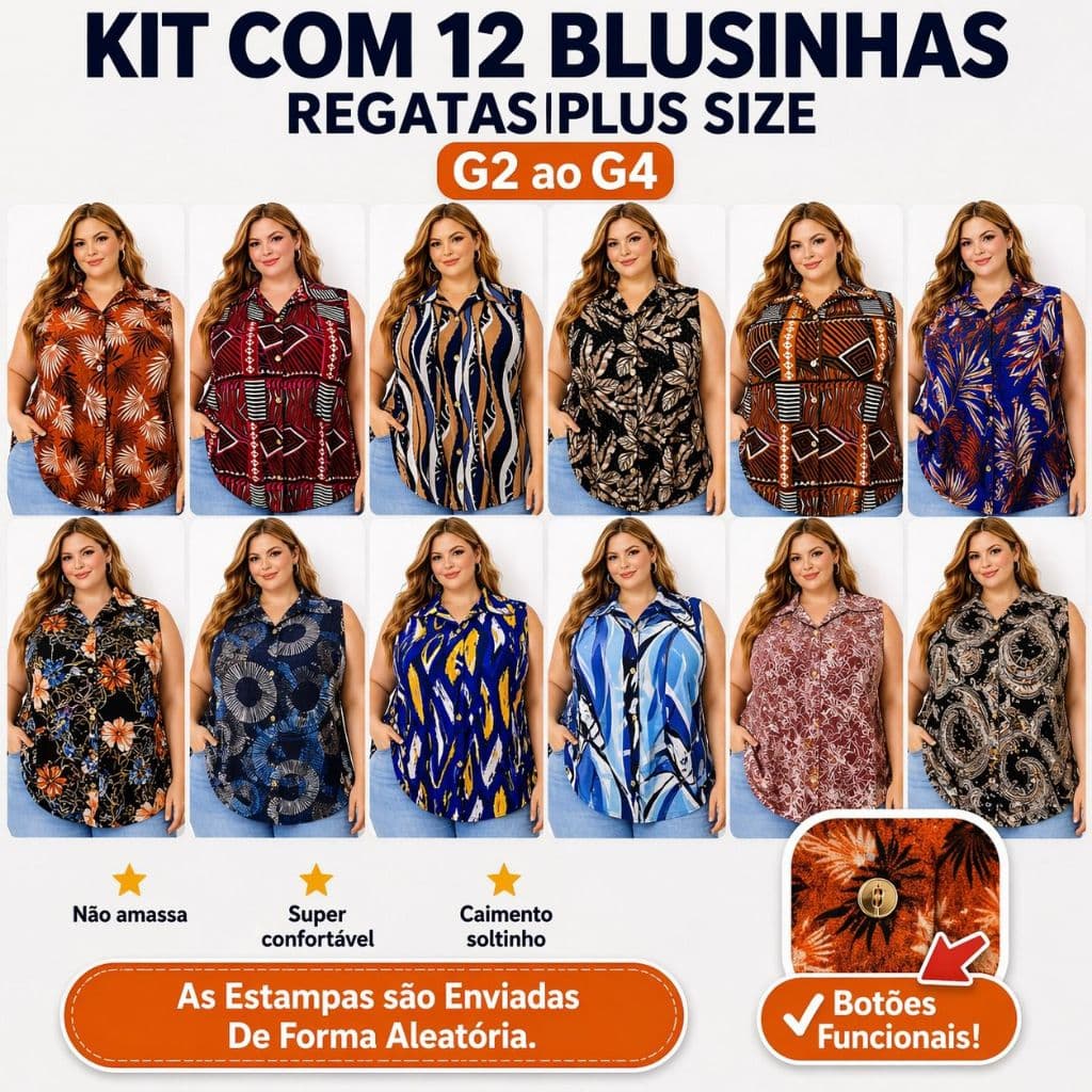 Kit 12 Regatas Plus Size Feminina Barato Hoje Confortável Estilo Casual G2 ao G4 Atacado