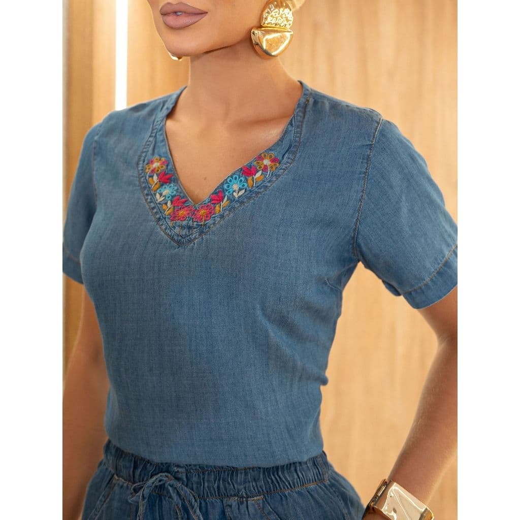 Blusa jeans Decote V Feminino Elegante Soltinha Tencel