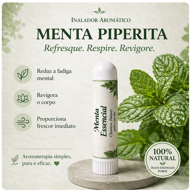 Inalador Nasal com Óleo Essencial Hortelã-Pimenta - Menta Piperita | Energia Foco Alívio Respiratório e Dor de Cabeça