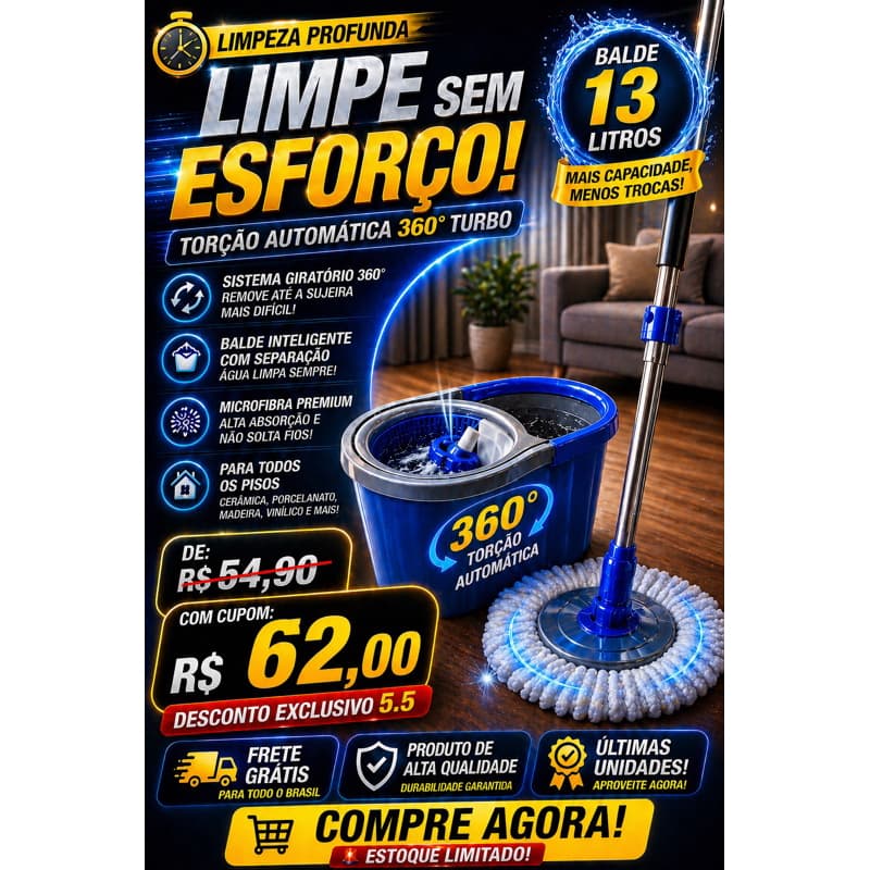 Mop Giratório 360° 13L Balde Compacto Limpeza Fácil Sem Esforço Casa Piso
