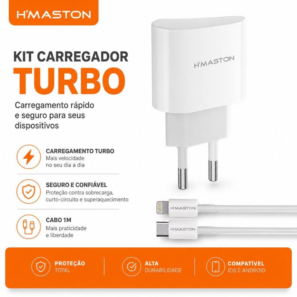 Carregador Turbo 30W H'maston USB-C para iPhone 11 12 13 14 Pro Max Lightning