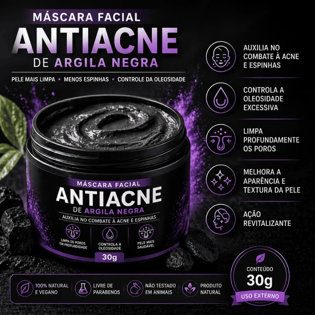Máscara Facial Antiacne de Argila Negra – Detox Profundo e Controle da Oleosidade