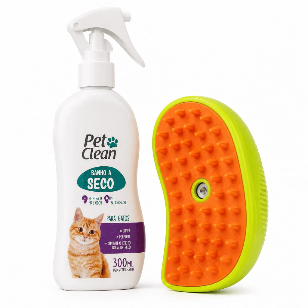Kit Banho Seco Pet Clean 300ml + Escova a Vapor 3 em 1 para Gatos Tira Pelos