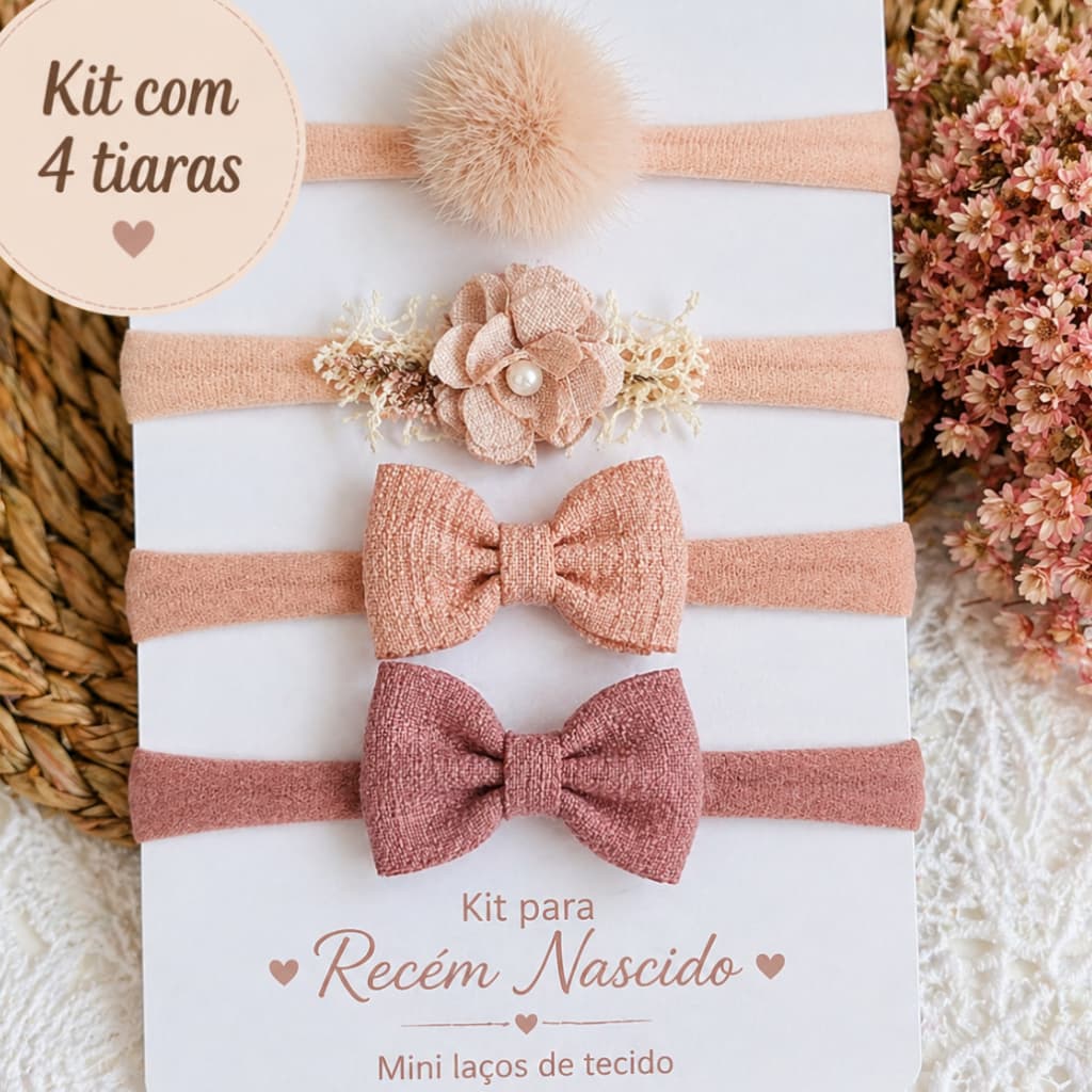 Kit 4 tiaras Bebê Recém-Nascido RN Mini Laço  rose Tecido na Faixinha de Meia  Tiara  flor e pompom