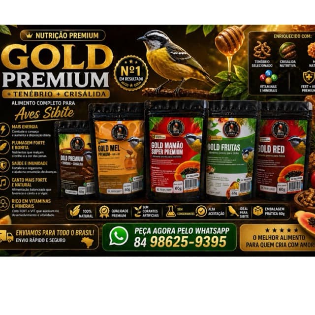 Kit Completo Ração 5 UNI Com 60G GOLD CRIADOR PREMIUM, GOLD MAMAO ,GOLD MEL , GOLD FRUTAS E GOLD RED ( PROMOÇÃO )