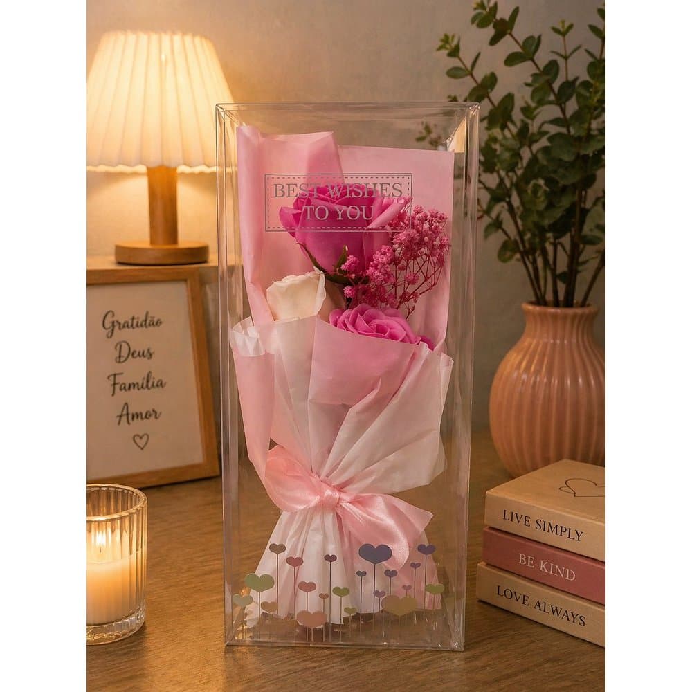 Buquê Decorativo Rosa Com Caixa Transparente Dia Das Mães e Dia dos Namorados KIT 12 E 24 UNIDADES