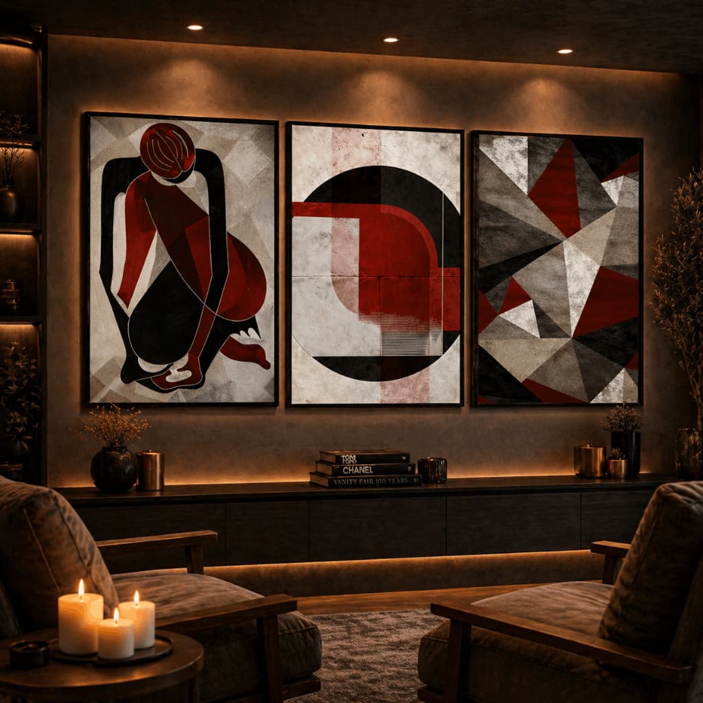 Kit 3 Quadros Decorativos Abstrato Geométrico Vermelho Preto Moderno Sala Luxo