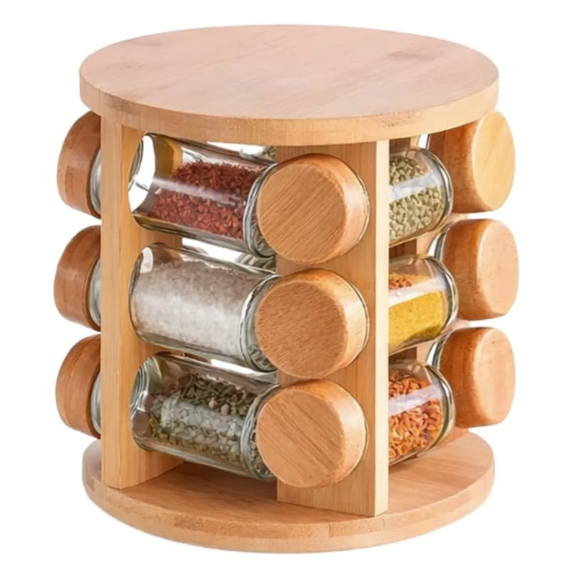 Organizador Temperos Giratório Bambu 12 Potes Vidro