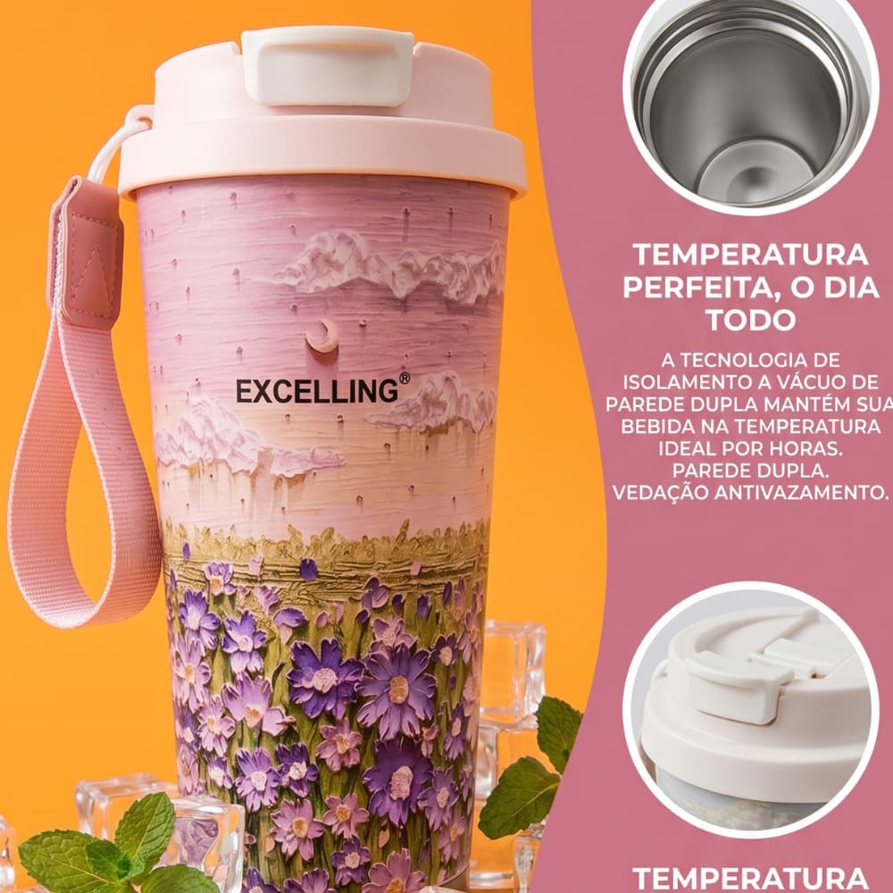 Copo Térmico Inox  Estampa Floral 3D-5D Coffee 520ml Alça Transporte Quente/Frio EXCELLING -EX-509