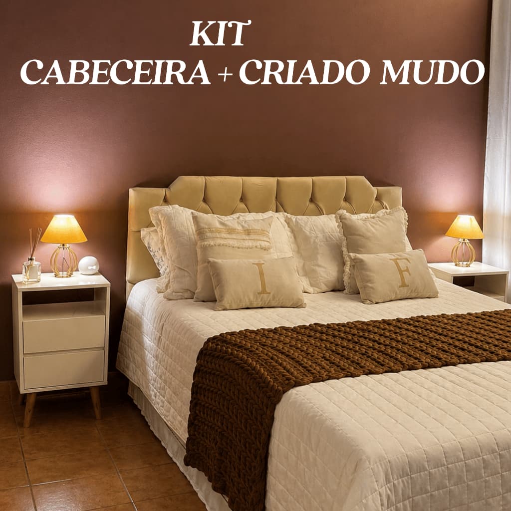 Conjunto Cabeceira Estofada Capitonê Suspensa Suede + 2 Mesas de Cabeceira Pés de Made em MDF/MDP Cama Box Casal e Queen
