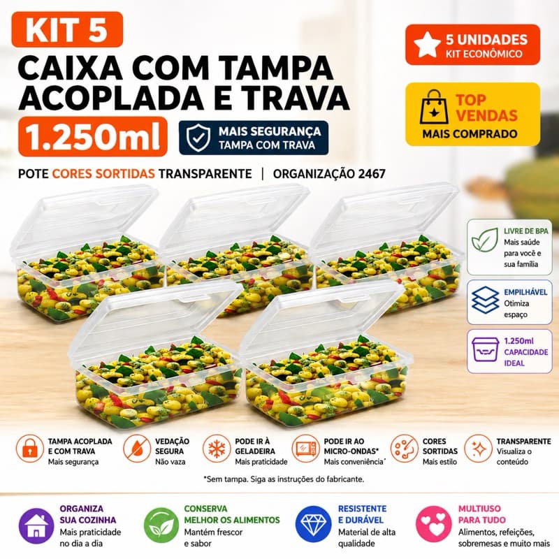 Kit 5 Caixa Pote Com Tampa Acoplada E Trava 1.250ml Pote Cores Sortidas Transparente Organização 2467