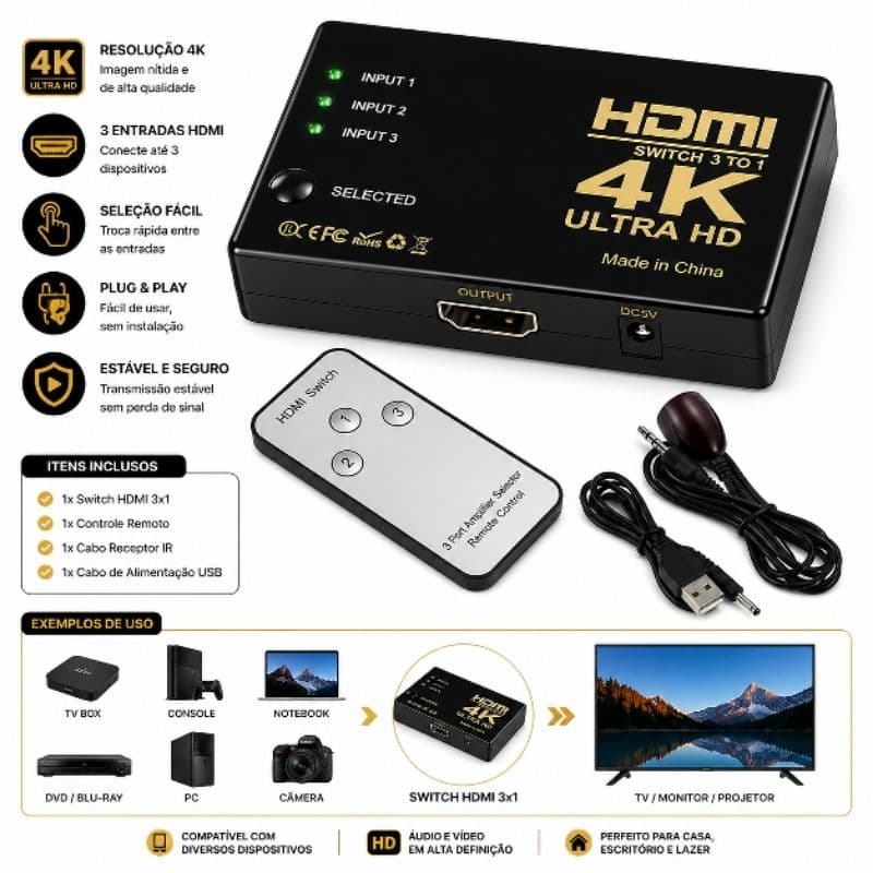 Chaveador Divisor Hub Multiplicador Sinal Hdmi Tv 3x1 Uhd 4k