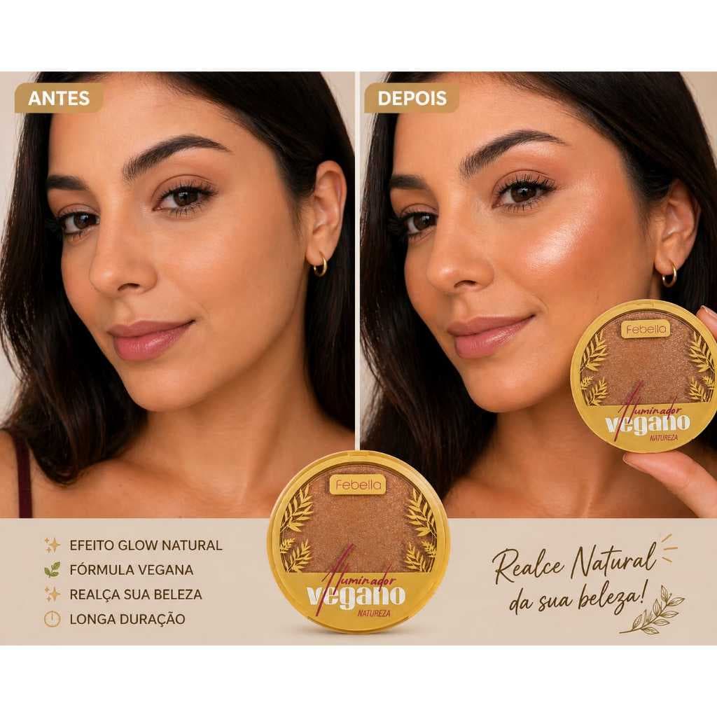 Febella,Iluminador facial compacto[pò],Alta pigmentação,efeito glow natural,fórmula vegana longa duração.