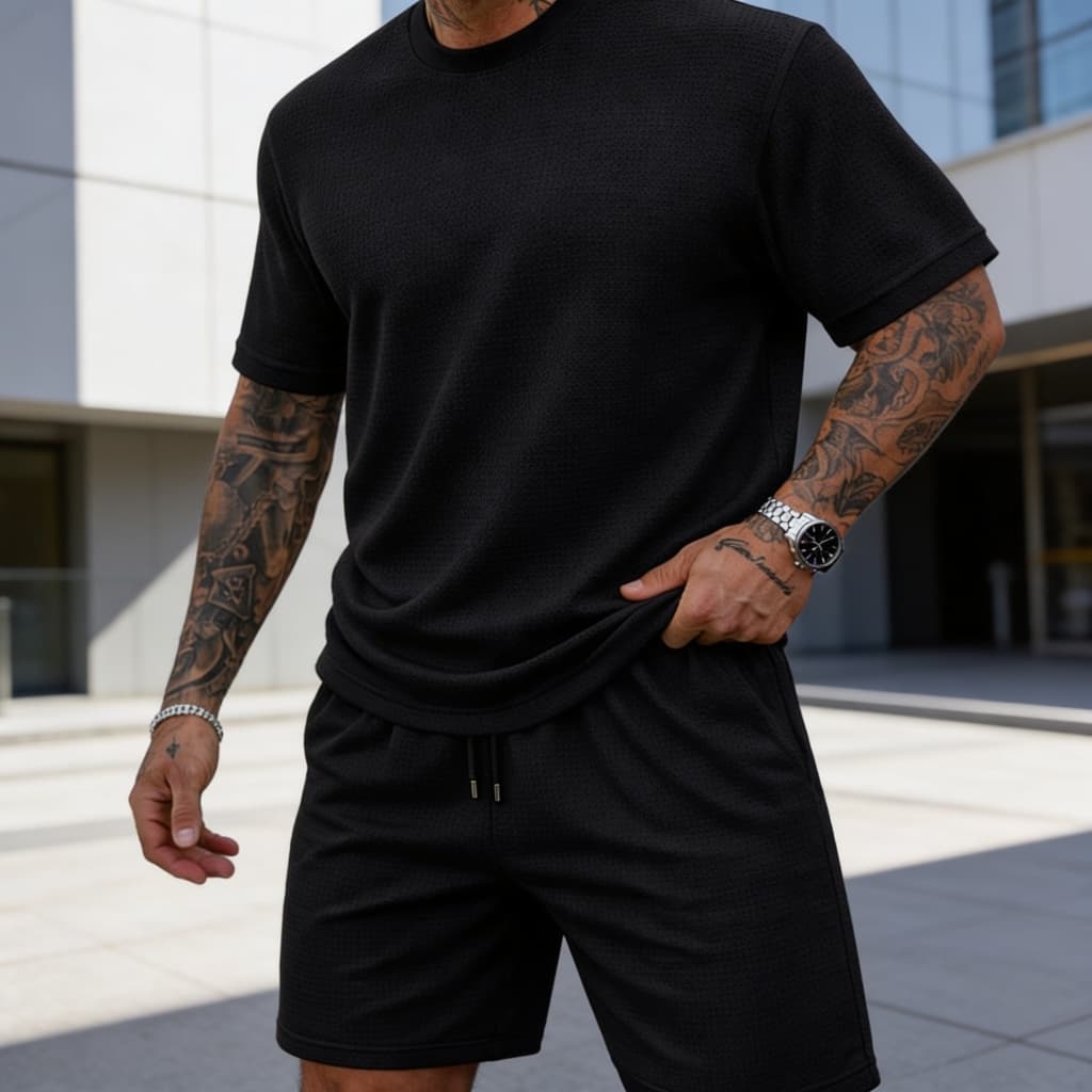 Conjunto Camiseta Short Texturizado Liso 2 Peças Tecido Premium