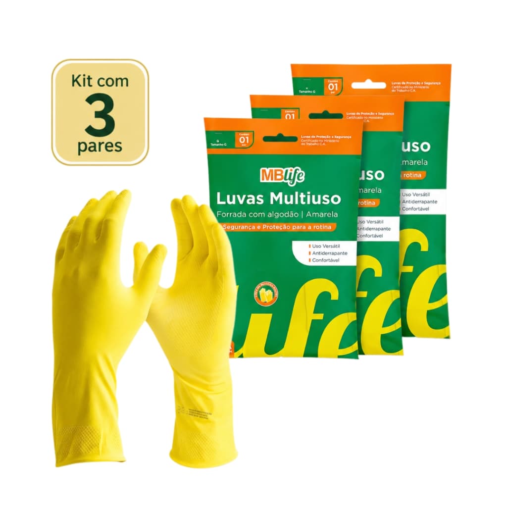Kit 3 Luvas de Limpeza Luva de Látex 3 Multiuso Amarela Multiuso Forrada Premium Impermeável Faxina