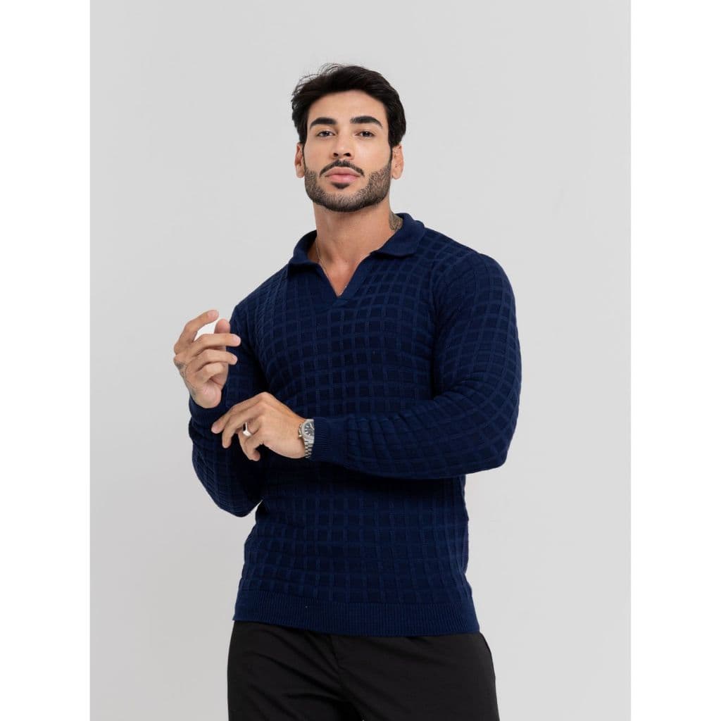 Sueter tricot links gola polo chique mais grosso pullover outono inverno linha qualidade premium