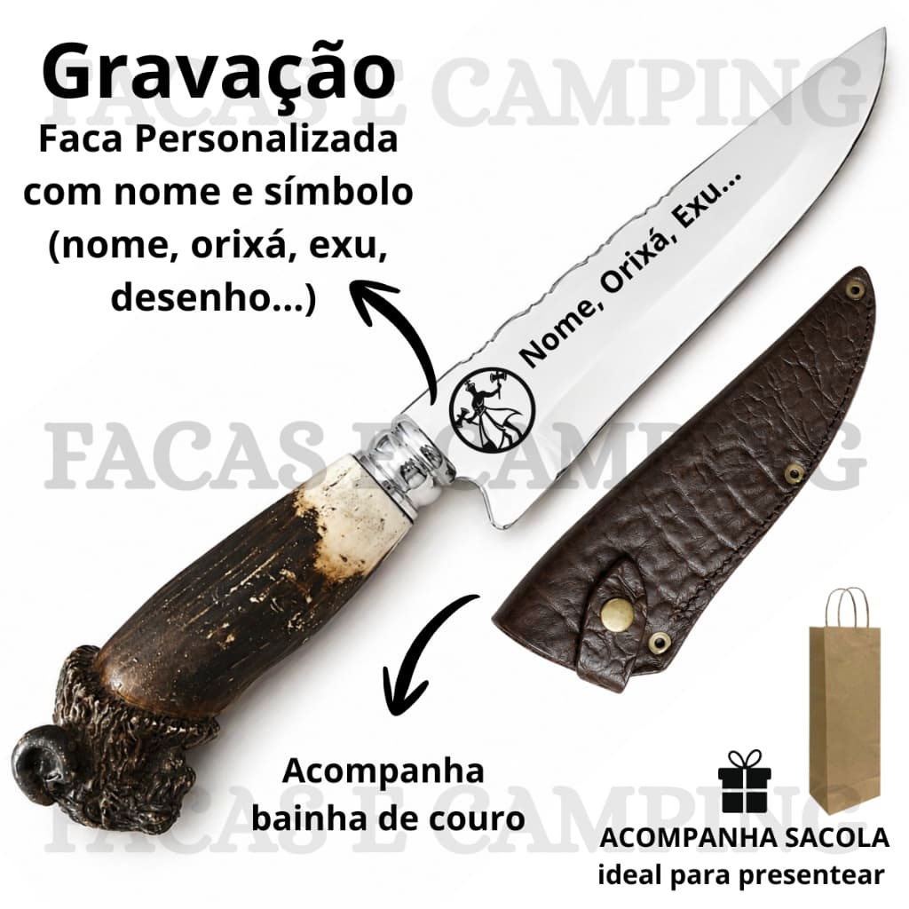 Faca Personalizada Quimbanda Umbanda Candomblé Cabo Resinado Premium Gravação a Laser