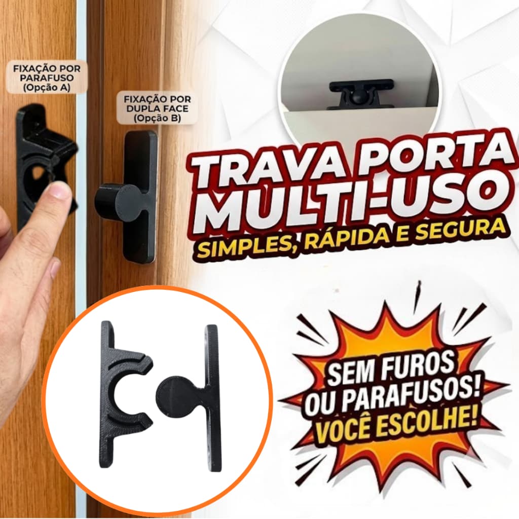 Trava de Porta Adesiva Super Forte Pode Parafusar ou Fixar com Fita Dupla Face (Inclusa) Anti-Batida
