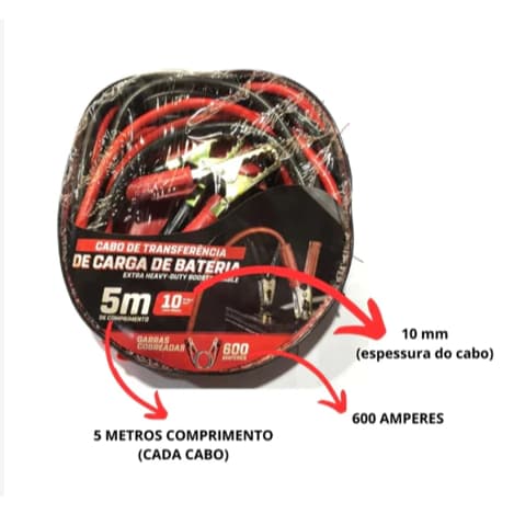 Cabo de Transferência Bateria 5 Metros 600A 10mm Chupeta Automotiva Reforçado 12V/24V