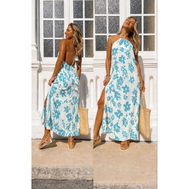 Vestido Longo Feminino Layse com detalhes em ponteiras costa nua com fenda lateral