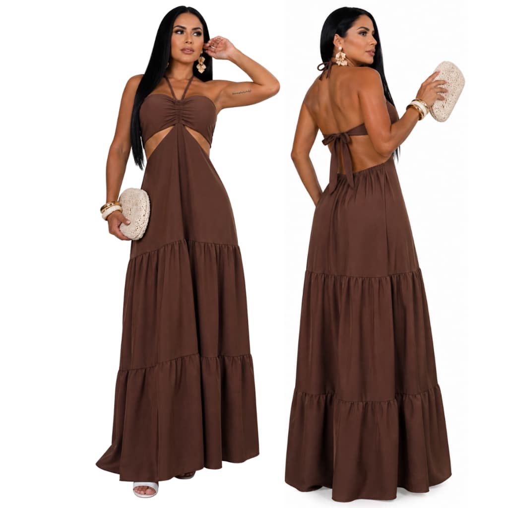 Vestido Longo Feminino Crepinho Costas Abertas Decote Elegante Verão M G Leve Casual Chic Frente Costas Abertas