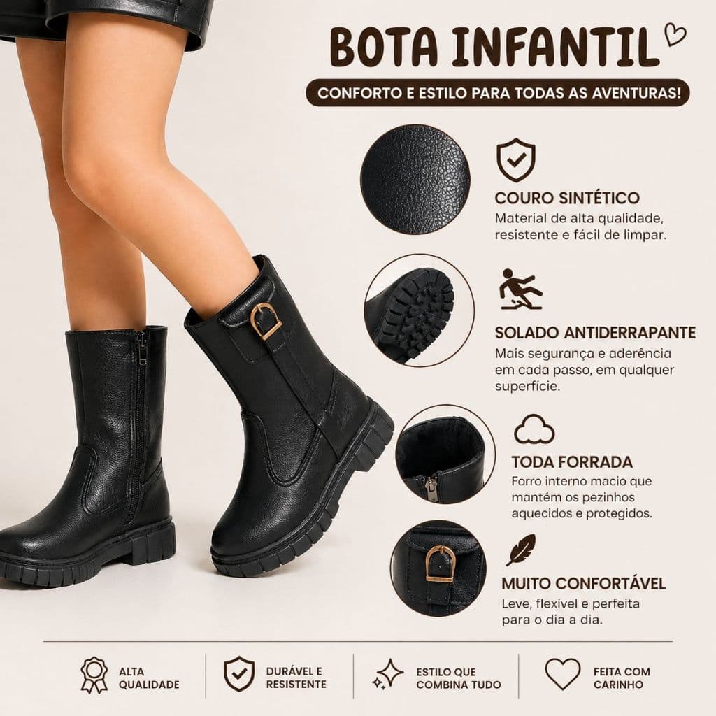Bota Infantil Feminina Cano Médio Preta/Caramelo Tratorada Menina confortávelm Fashion