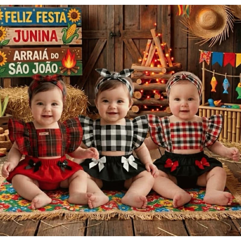 Romper Baby Fantasia/Aniversario/Mêsversario Caipirinha xadrez Festa Junina
