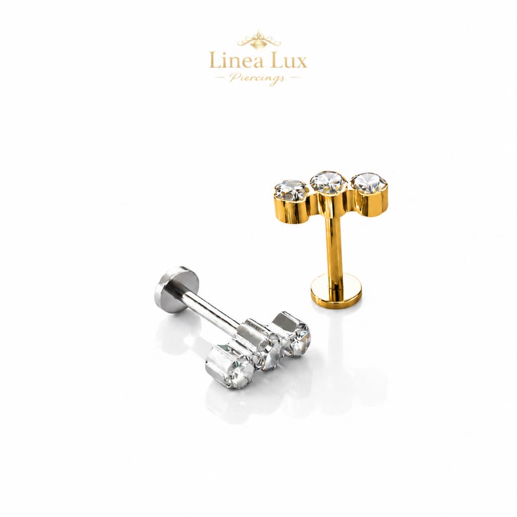 Piercing Conch Titânio F136 8mm x 1,2mm Labret Rosca Interna Antialérgico com 3 pedras Zircônia Brilhante Prata Dourado
