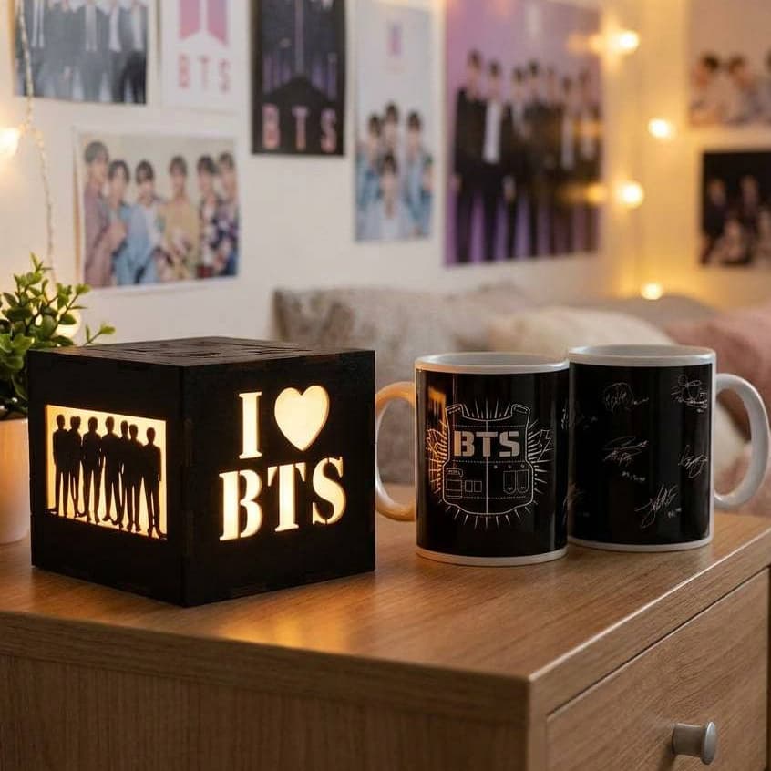 Caneca E Luminária Decorativa Bts Com Led Em Mdf