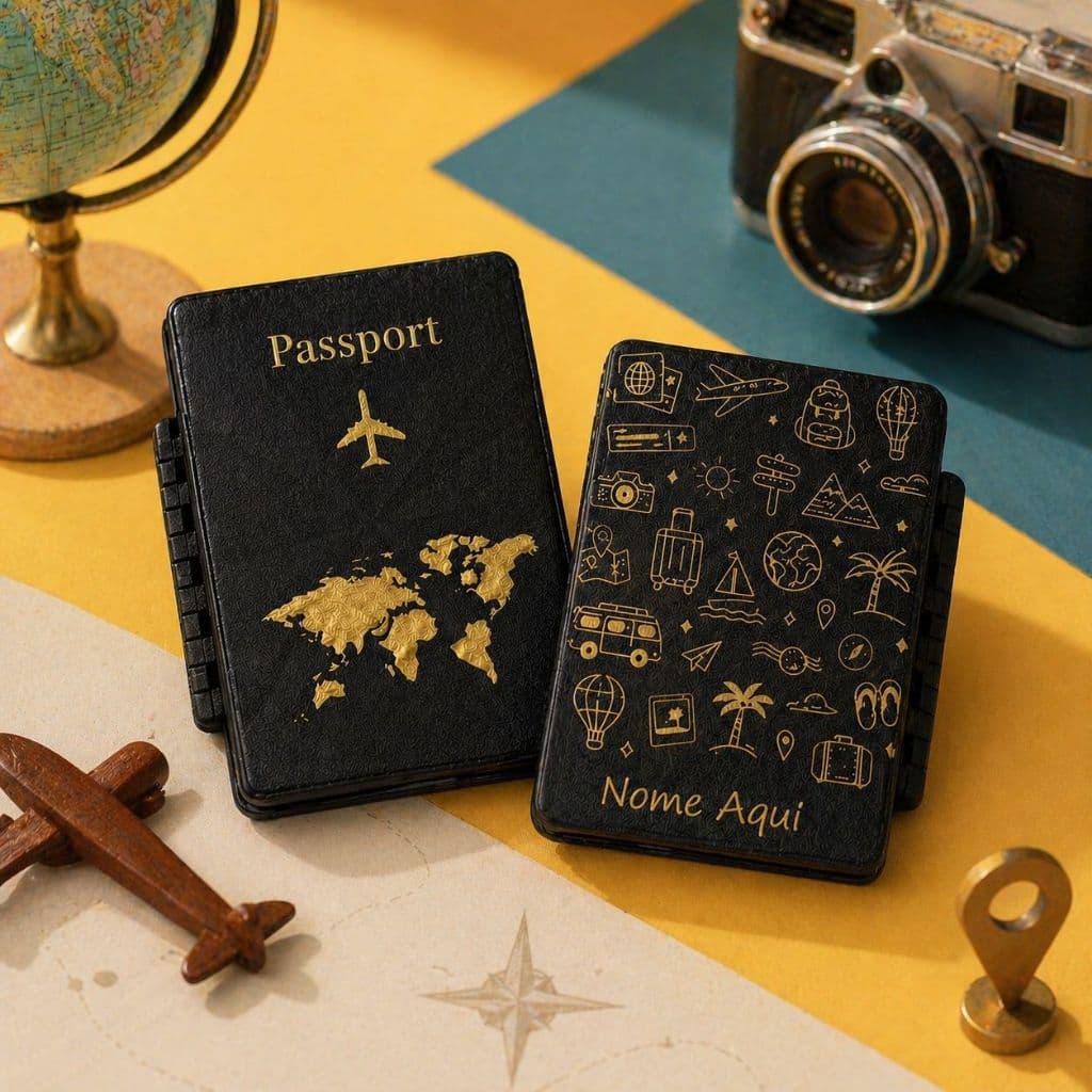 Porta Passaporte com Nome Personalizado – Organizador de Documentos de Viagem, Resistente à Água