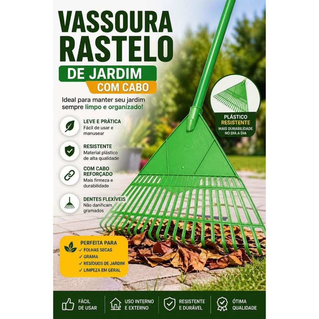 Rastelo Plástico para Grama com Cabo | Resistente Ideal para Jardim Folhas e Limpeza