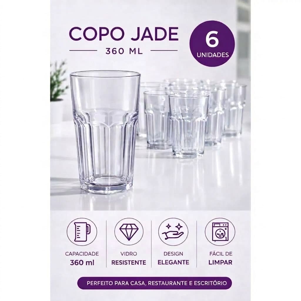 Jogo De Copos Vidro Suco Água Refri Kit C/ 6pcs Vidro Reforçado Importado