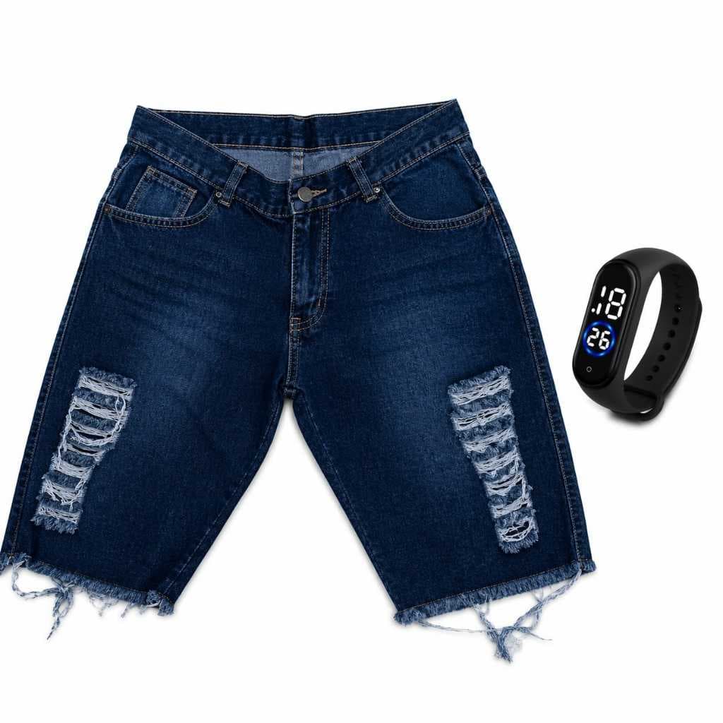 Shorts Jeans Masculino Rasgado Escuro + Relógio Esportivo + Envio Imediato