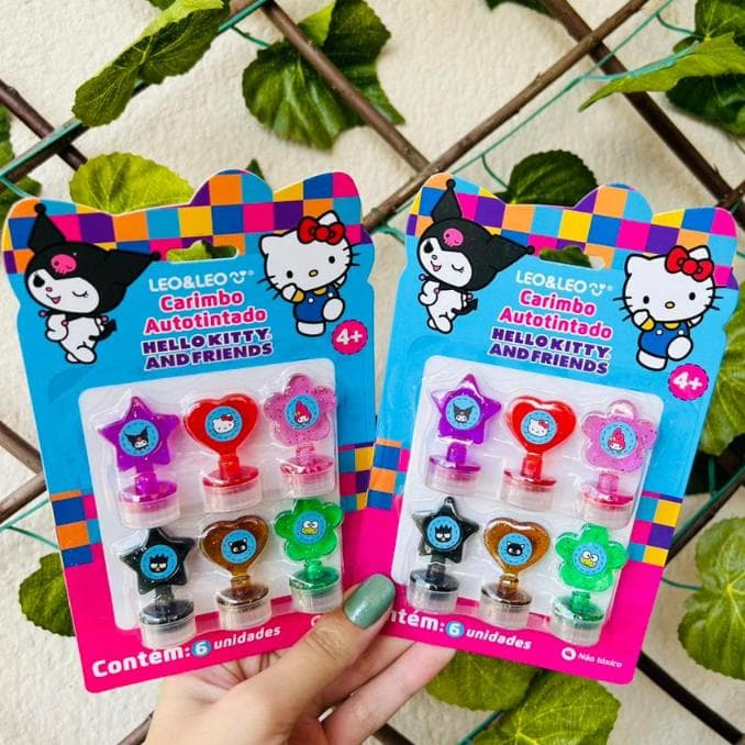 Carimbo Autotintado Hello Kitty e Amigos Blister c/ 6 Un Leo&Leo Papelaria Fofa Presente Infantil