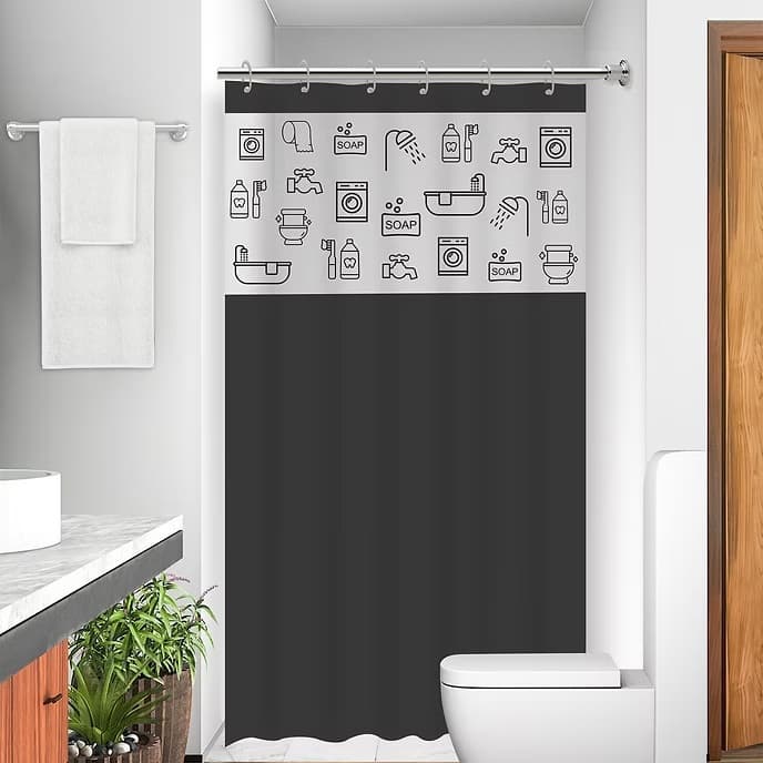 Cortina Box Banheiro PVC Impermeável com Visor e Ganchos Preta Estampada