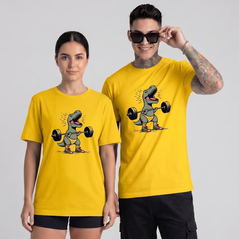 Camiseta de Algodão Premium com Estampa Dinossauro Halterofilista Unissex
