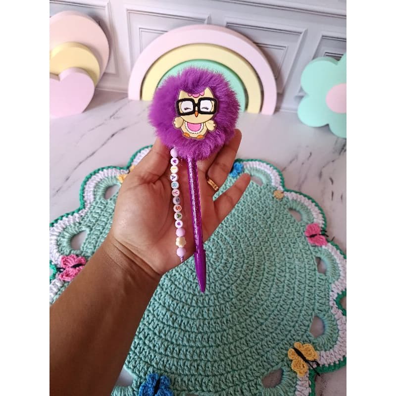 Caneta personalizada com pompom/ coruja/cereja/professores