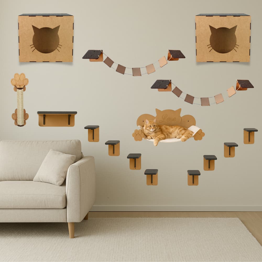 Circuito para Gatos de Parede Kit com 15 peças Ponte Degraus Playground Gato Rede Arranhador Mdf